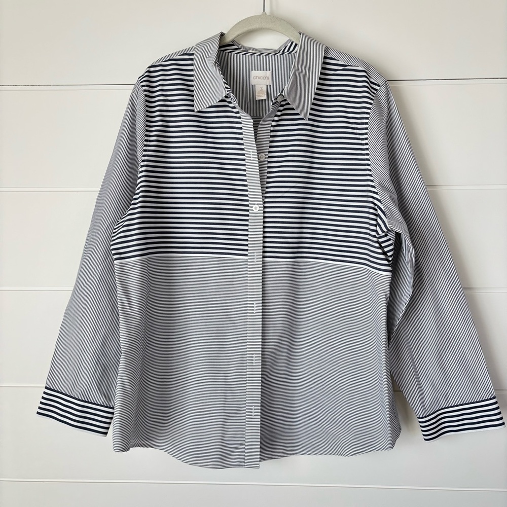 Chico's Women's 100% Cotton Blue White Striped Button Down Long Sleeve Top